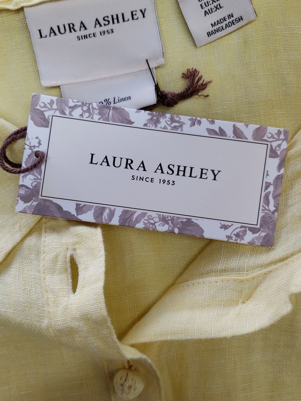 Laura Ashley Linen Button Up Shirt Women's  XL 3/4 Sleeve Yellow Crochet Buttons - Picture 8 of 12